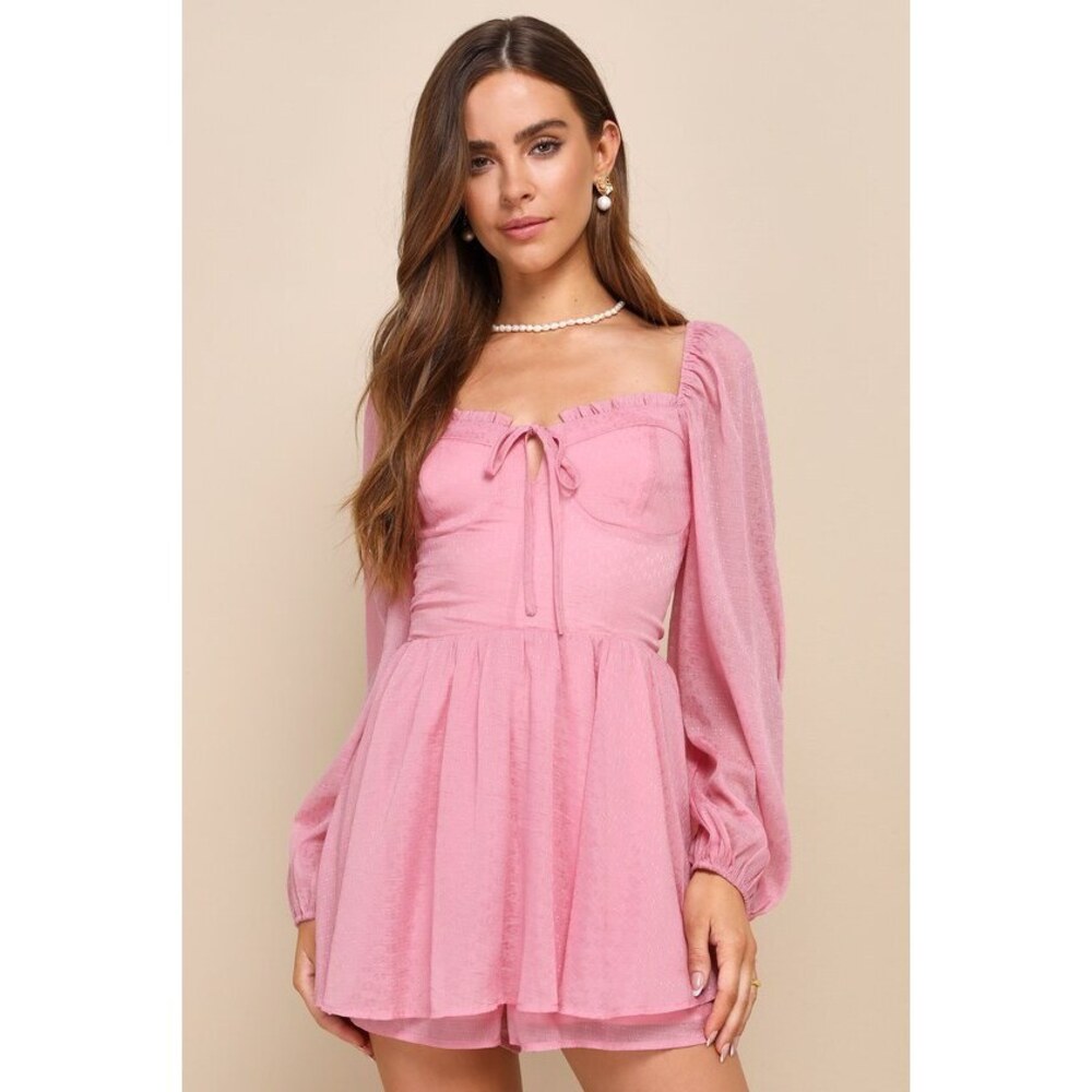 Lulus Adorable Perfection Pink Balloon Sleeve Bustier Romper - Size M